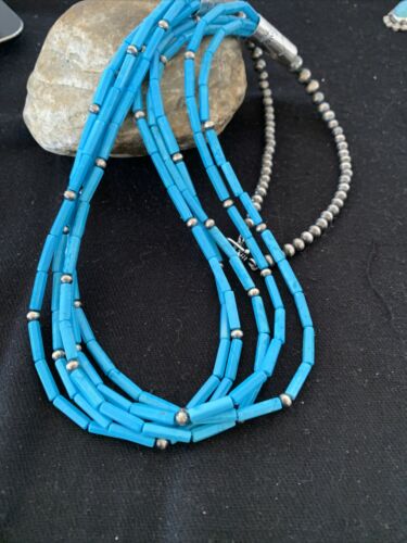 Southwestern Sterling Silver Blue Tube Turquoise Necklace | 5-Strand | 29" | 00830