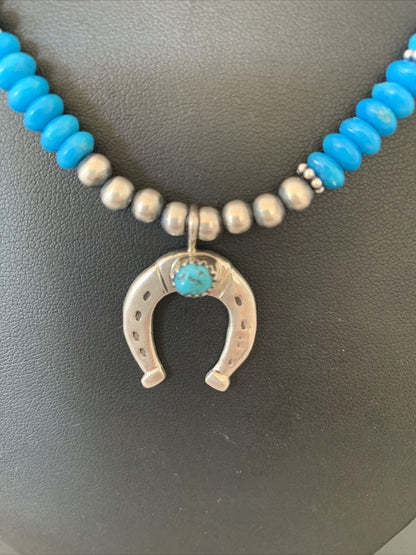 Navajo Blue Turquoise Naja Pendant | Sterling Silver Chain | Authentic Native American Handmade | 01944