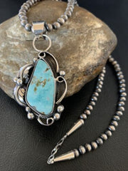 Men's Sterling Silver Blue Dry Creek Turquoise Pendant | Navajo Pearl Necklace 21" | 12975