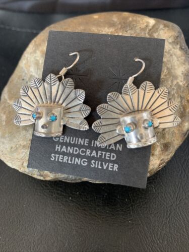 Old Pawn Native American Indian Head Dangle Earrings | Sterling Silver Blue Turquoise | 13037