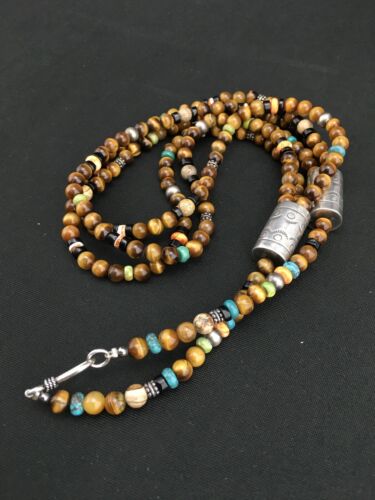 Navajo Sterling Necklace | Tiger's Eye & Turquoise | Multi-Color 3 Strand | 18" | 4892