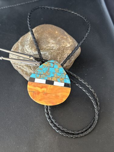 Men's Bolo Tie | Turquoise & Orange Spiny Oyster | Sterling Silver Tips | 14628