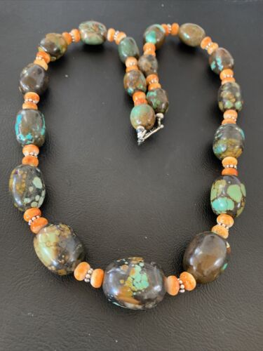 Navajo Green Turquoise & Orange Spiny Oyster Necklace | Sterling Silver | 23" | Authentic Native American Handmade | 1846
