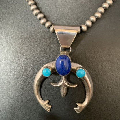 Navajo Blue Lapis Turquoise Pendant Necklace | Authentic Native American Sterling Silver | Naja | 13631
