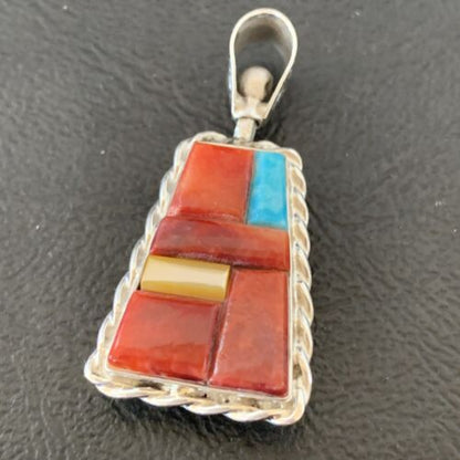 Zuni Yellow Mother of Pearl Turquoise Spiny Inlay Sun Face Pendant | Sterling Silver | 1686