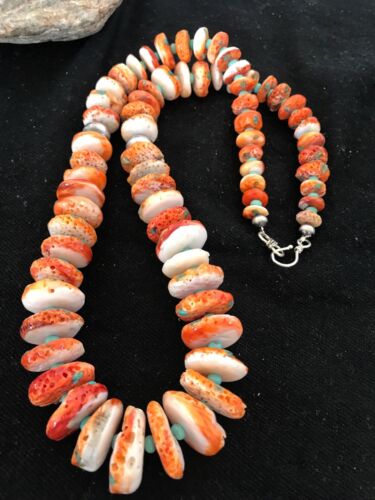Navajo Orange Spiny Oyster & Turquoise Necklace | Sterling Silver | Authentic Native American | 22" | 3607