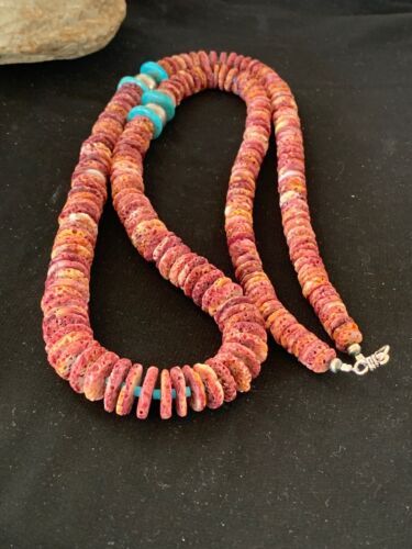 Authentic Native American Navajo Necklace | Purple Spiny Oyster & Turquoise | Sterling Silver Navajo Pearls | 36"