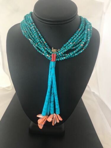 Men's Turquoise Bead 9 Strand Navajo Pearls Necklace | Sterling Silver | Native American Handmade | 8451
