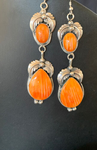 Navajo Orange Spiny Oyster Dangle Earrings | Sterling Silver | Authentic Native American Handmade | 12201