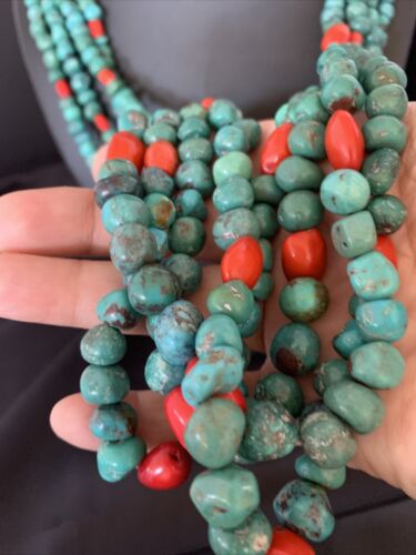 Men's Santo Domingo Blue Turquoise Coral Necklace | 4 Strand Large Bead | 34" | 13184
