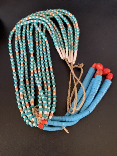 Native American Santo Domingo Spiny Blue Turquoise Shell Jacla Necklace | 5 Strand | 36" | 13188