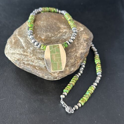 Navajo Green Turquoise Inlay Pendant Necklace | Sterling Silver | 22" | Authentic Native American Handmade | 14610