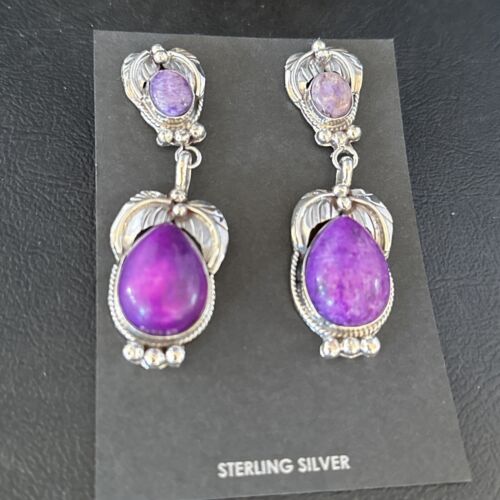 Navajo Purple Sugilite Dangle Earrings | Sterling Silver | 2" | Authentic Native American Handmade | 14404