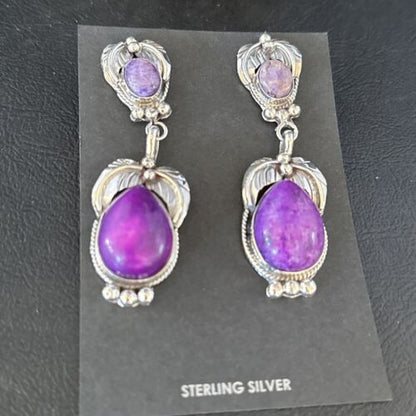 Navajo Purple Sugilite Dangle Earrings | Sterling Silver | 2" | Authentic Native American Handmade | 14404