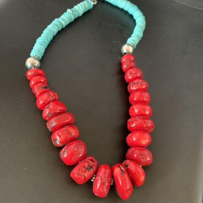 Navajo Red Coral & Turquoise Bead Necklace | Sterling Silver | Authentic Native American | 21" | 13163