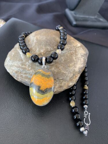 Men's Navajo Pearls Onyx Bumblebee Jasper Pendant Necklace | Sterling Silver | Native American Handmade | 10324