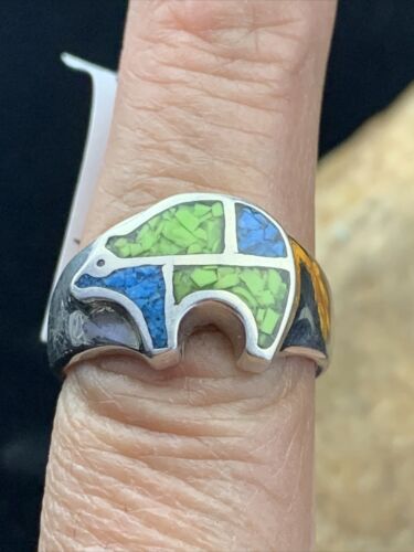 Navajo Multi-Color Opal Turquoise Inlay Ring | Sterling Silver | Sz 7.5 | Authentic Native American Handmade | 01703