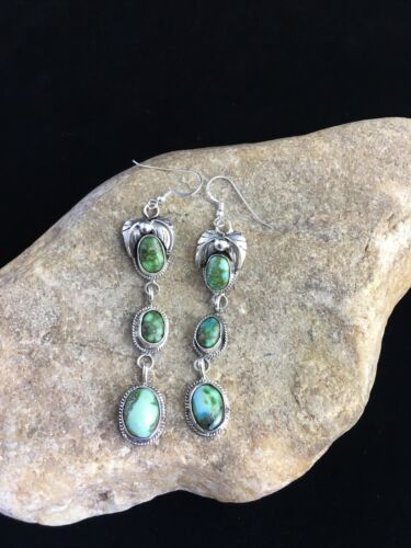 Navajo Green Sonoran Gold Turquoise 3Dangle Earrings | Sterling Silver | Authentic Native American Handmade | 1791