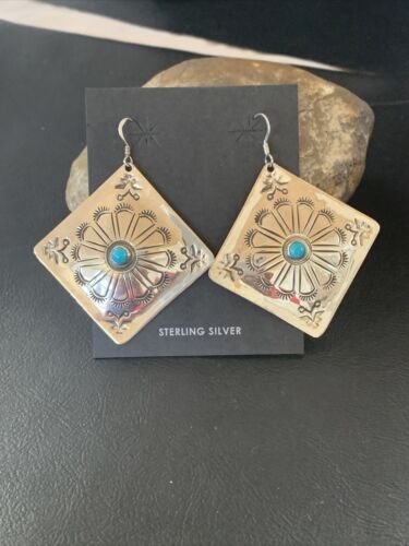 Navajo Turquoise Stamped Earrings | Sterling Silver | Authentic Native American Handmade | 1203