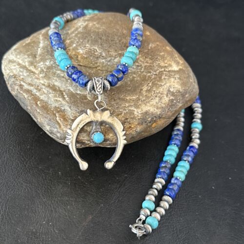 Native Blue Turquoise Lapis Navajo Sterling Silver Necklace Pendant 14638