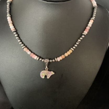 Navajo Bear Pink Opal Bead Necklace | Sterling Silver Inlay Pendant | Authentic Native American Handmade | 13459