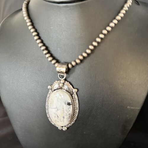 Navajo White Buffalo Turquoise Pendant Necklace | Sterling Silver | Authentic Native American Handmade | 14244