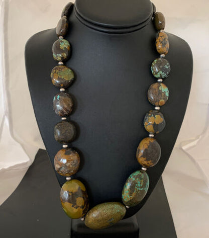 Navajo Graduated Sterling Silver Green Chunky Turquoise Necklace | Authentic Native American | 22" | 1855