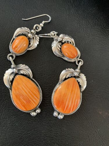 Navajo Orange Spiny Oyster Dangle Earrings | Sterling Silver | Authentic Native American Handmade | 12201