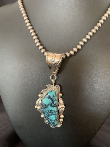 Men's Navajo Blue Spiderweb Turquoise Pendant Necklace | Sterling Silver | Authentic Native American Handmade | 10661