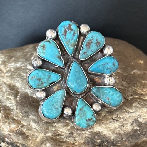 Navajo Blue Turquoise Cluster Ring | Authentic Native American Sterling Silver | Multi-Stone | Sz 7.5 | 14746