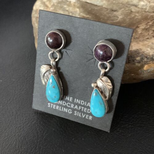 Navajo Purple Sugilite and Blue Turquoise Dangle Leaf Earrings | Sterling Silver | Native American Handmade | 13454