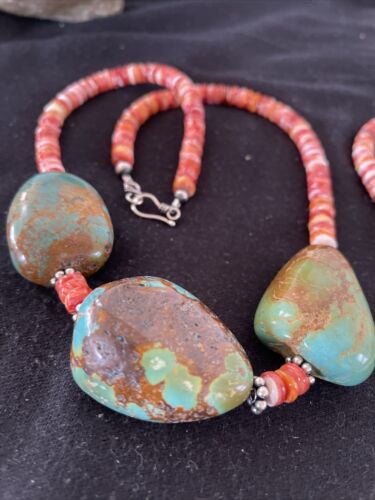 Chunky Turquoise and Red Spiny Oyster Necklace | Navajo Pearls | Sterling Silver | 22" | Native American Handmade | 1238 - Masha USA