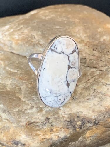 Navajo White Buffalo Turquoise Ring | Sterling Silver | Sz 8 | Authentic Native American Handmade | 01700