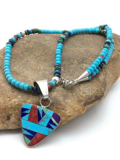 Authentic Native American Sterling Silver Necklace | Blue Turquoise Multicolor Pendant | Navajo Handmade | 21" | 4277