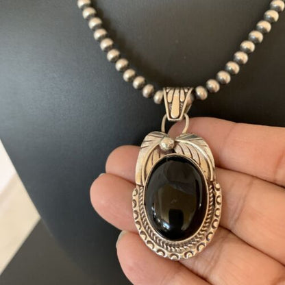 Navajo Pearls Black Onyx Necklace | Sterling Silver | Authentic Native American Handmade | 1904