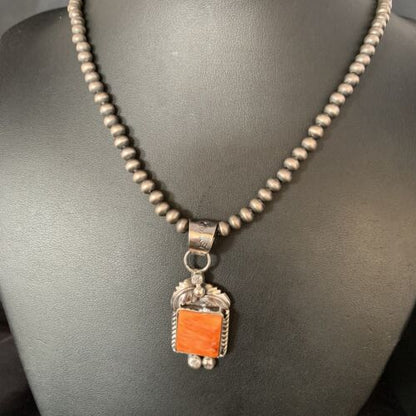 Navajo Orange Spiny Oyster Pendant | Sterling Silver | Authentic Native American Handmade | 13640