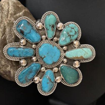 Navajo Sterling Silver Cluster Kingman Turquoise Cuff Bracelet | Authentic Native American Handmade | 14586