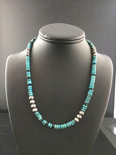 Native American Sterling Silver Necklace | Blue Turquoise & Onyx | 18" | 10027