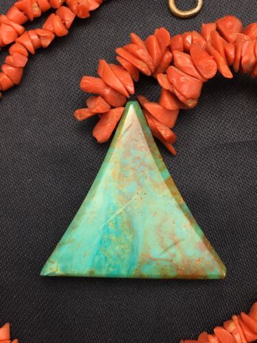 Native American Kingman Turquoise and Coral Pendant Necklace | Brass | Old Pawn | 19" | 4029