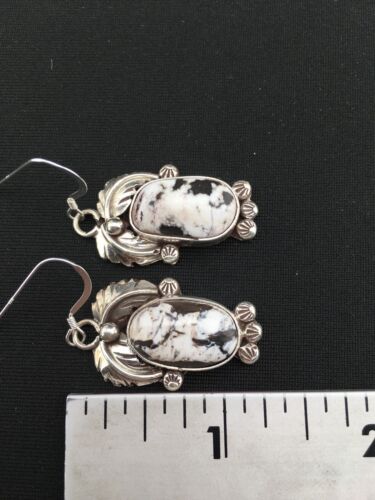 Navajo White Buffalo Turquoise Dangle Earrings | Sterling Silver | 1.25" | Authentic Native American Handmade | 1325