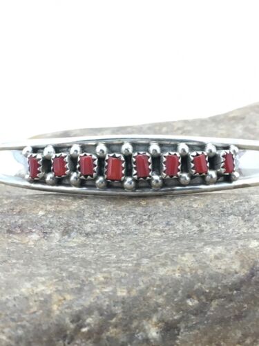 Native American Coral Petite Navajo Bracelet | Sterling Silver | Authentic Handmade | 4027