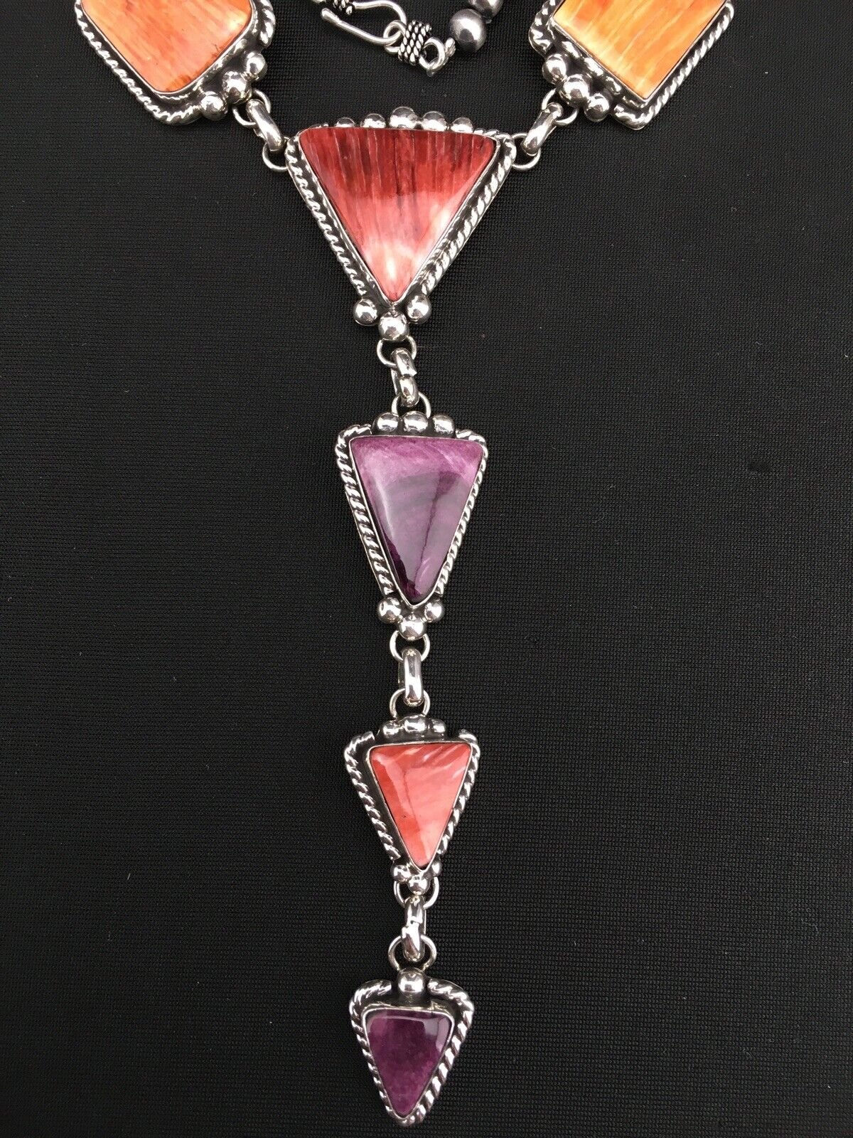 Navajo Spiny Oyster Pendant Necklace | Sterling Silver Lariat | Authentic Native American Handmade | 4904