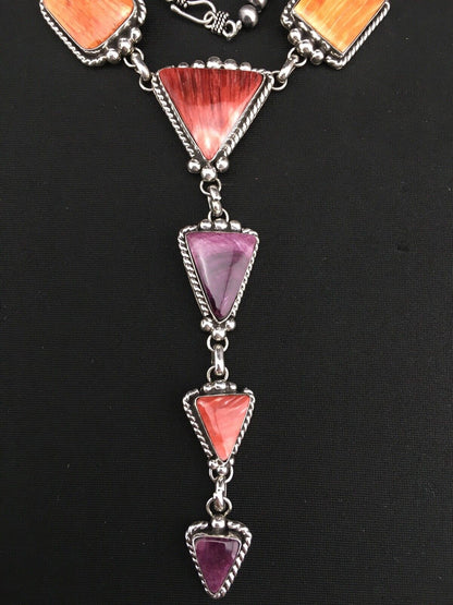 Navajo Spiny Oyster Pendant Necklace | Sterling Silver Lariat | Authentic Native American Handmade | 4904