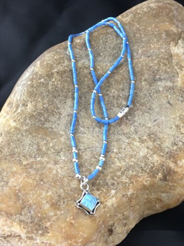 Children's Lapis Heishi Bead Necklace with Opal Pendant | Sterling Silver | 17" | 10126 - Masha USA
