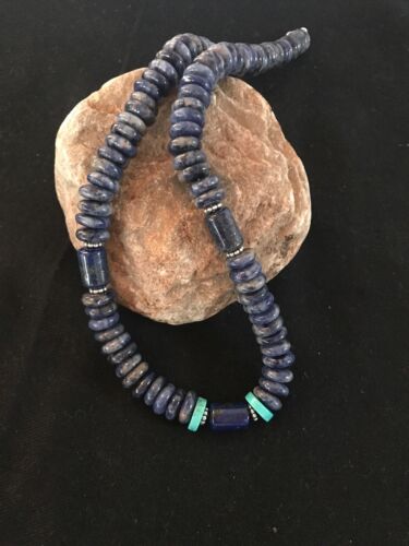 Native American Denim Lapis Turquoise Beads Necklace | Sterling Silver | Men's | 20" | 1281
