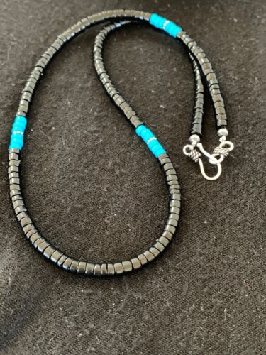 Navajo Blue Turquoise Heishi Onyx Necklace | Sterling Silver | Authentic Native American Handmade | 19" | 8823
