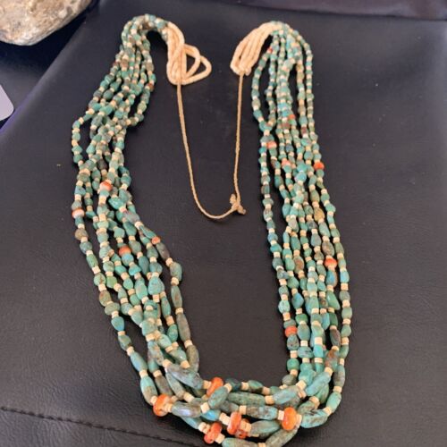 Native American Santo Domingo 7-Strand Necklace | Shell & Green Turquoise | 38" | 12051