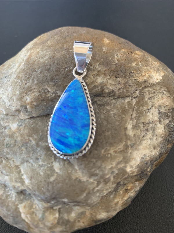 Navajo Blue Faux Opal Pendant | Sterling Silver | Authentic Native American Handmade | 1.50" | 01391