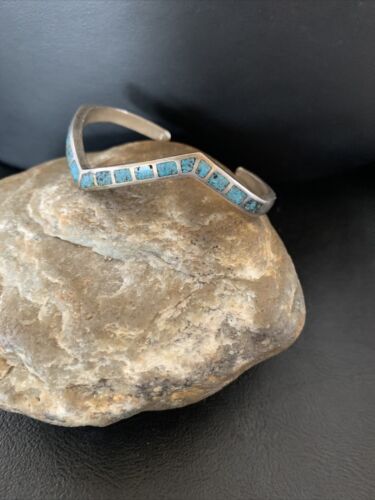 Navajo Old Pawn Blue Turquoise Chip Inlay Bracelet | Sterling Silver | Authentic Native American Handmade | 1168