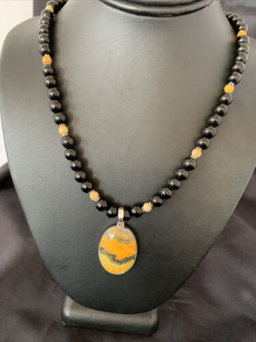 Men's Navajo Pearls Onyx Bumblebee Jasper Pendant Necklace | Sterling Silver | Native American Handmade | 10324